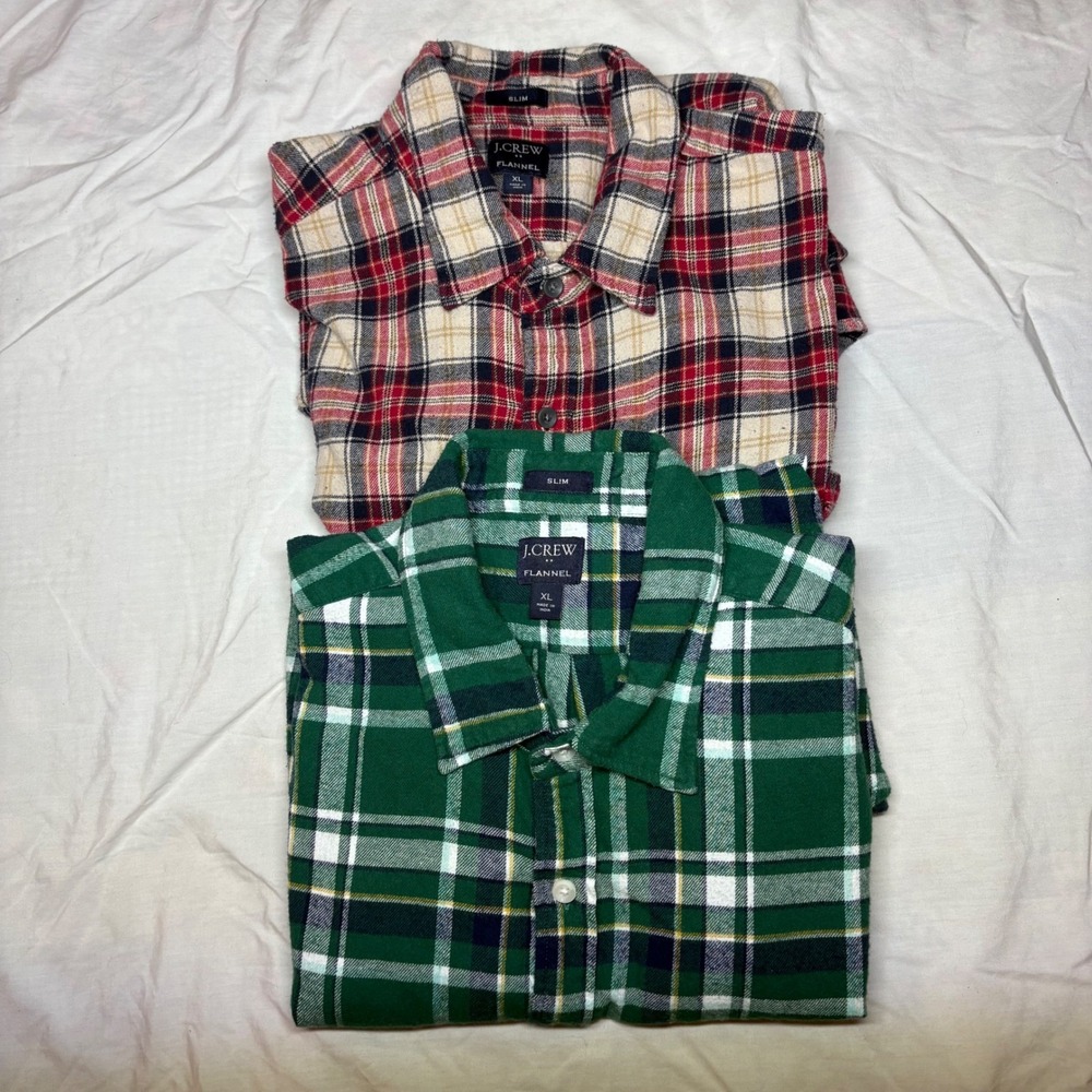 2-J Crew Slim Fit Plaid Flannel Button Down Shirts Mens Size XL Red‎ Tan Green